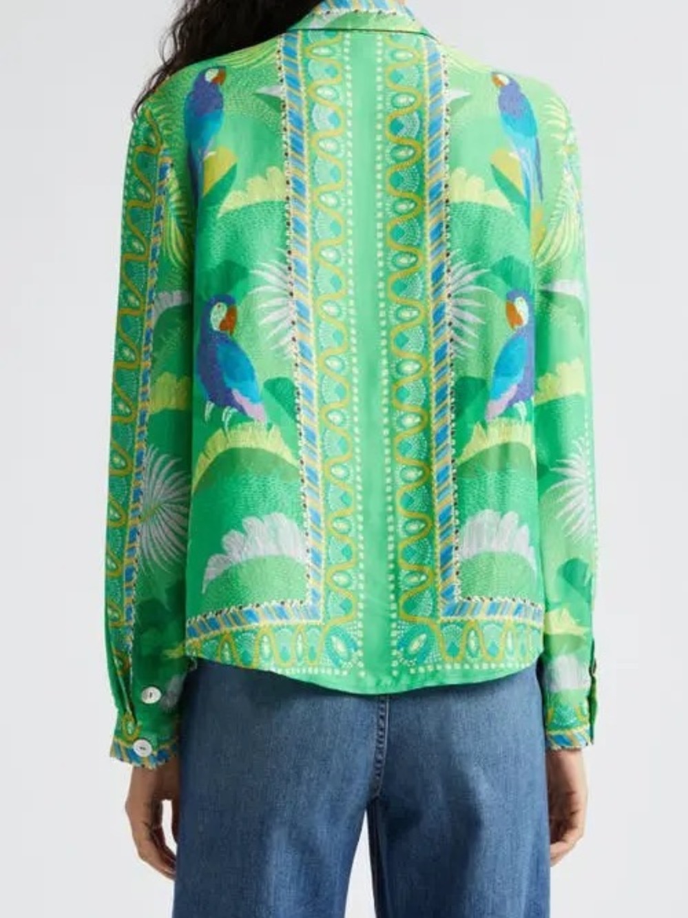FARM Rio Macaw Scarf Green Tropical Parrot Button-Down Shirt NEW - Picture 2 of 9